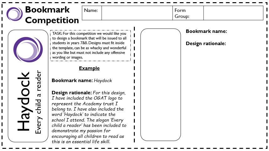 OutwoodHaydock's tweet photo. ✏️ 📚 Could you design a Bookmark for Year 7&amp;8 to use during DEAR? Check out our competition, open to all Year 7&amp;8 students! Entries close Friday 8th October! #DEAR #outwoodfamily #teamhaydock https://t.co/fJp6Tg6T1T