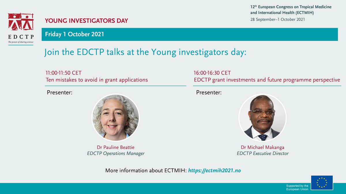 Also today <a href="/ectmih2021/">ECTMIH2021</a> Young Investigators Day:
Join the EDCTP talks on mistakes to avoid in grant applications &amp; EDCTP future investments and programme perspective. 

More info: bit.ly/3D7lVMR