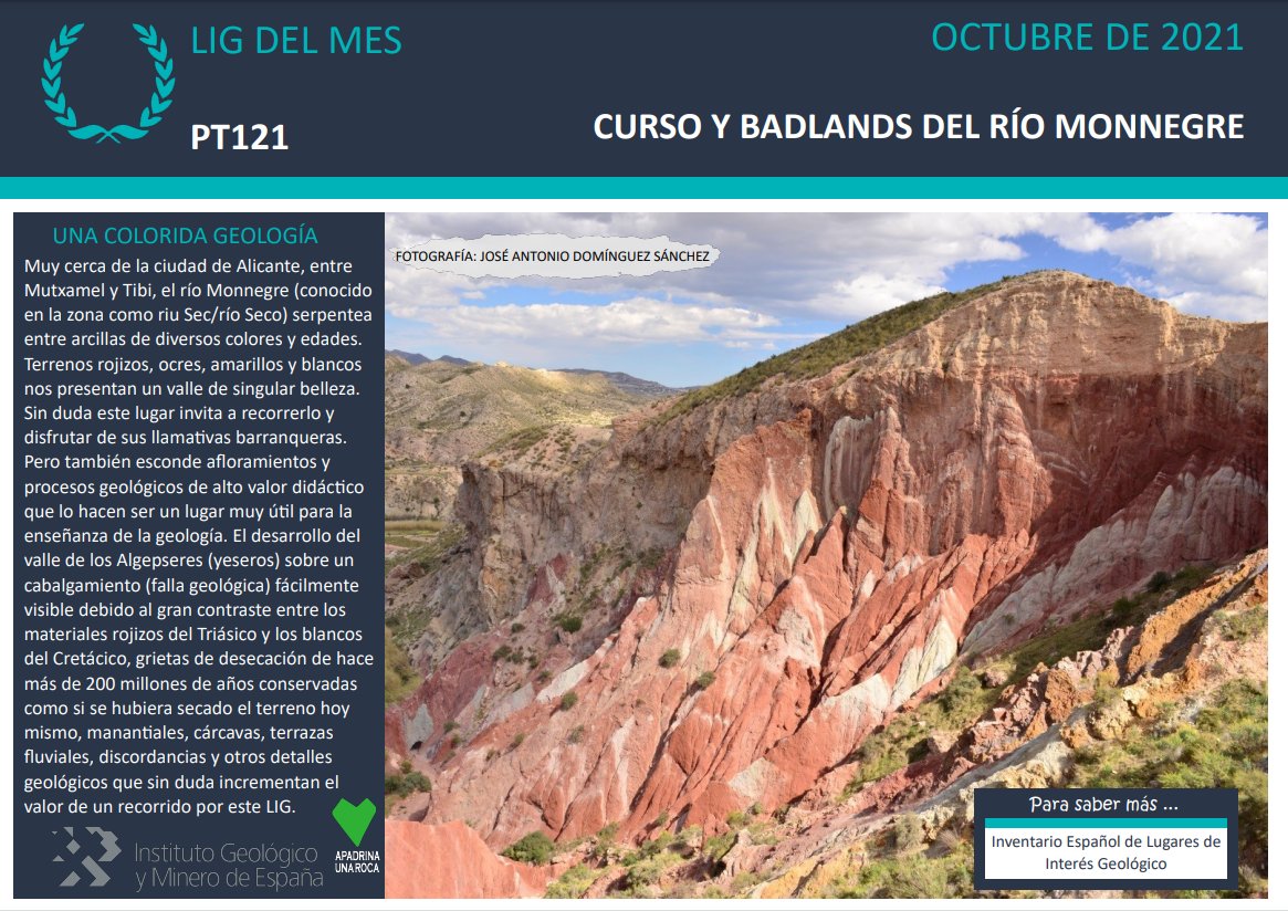 🆕#LIGdelMes 
📍#LIG_PT121 Curso y #badlands Río Monnegre (Alicante)
Espectacular morfología de cárcavas en materiales arcillosos del Cretácico y del Triásico (Facies Keuper). 
A estas zonas extensas de relieve abarrancado se le conoce con el nombre de badlands (tierras malas)