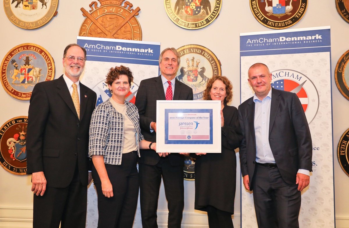 .<a href="/AmChamdk/">AmCham Denmark</a> is proud to recognize @JanssenDanmark as its 2021 Foreign Company of the Year for their valuable investments in pharmaceutical innovation and their extensive clinical research in DK. Congratulations to Julie Enevold Brooker and the Janssen team on a job well done!