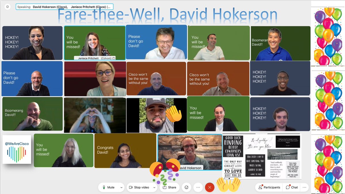 VarshaKanwar's tweet image. How lucky we are to have something that makes saying goodbye so hard … especially when it’s a #Cisconian who is so loved, respected and adored, for 20Yrs! Thank you 🙏🏽 for your leadership legacy @dhokerson and all the best for your exciting future endeavor 🎊🍀🎉. #WeAreCisco