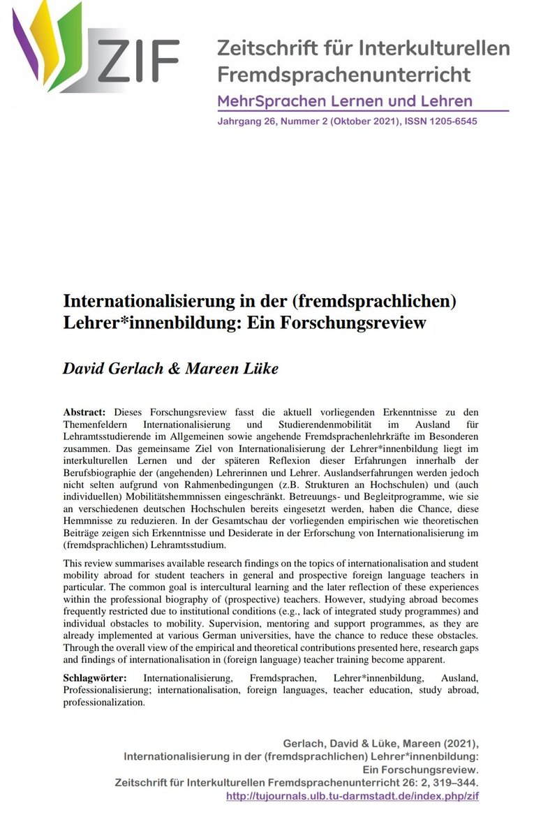 Hot off the press: Forschungsreview zur #Internationalisierung in der fremdsprachlichen #Lehrerbildung / #Lehrerinnenbildung -> ojs.tujournals.ulb.tu-darmstadt.de/index.php/zif/… #openaccess