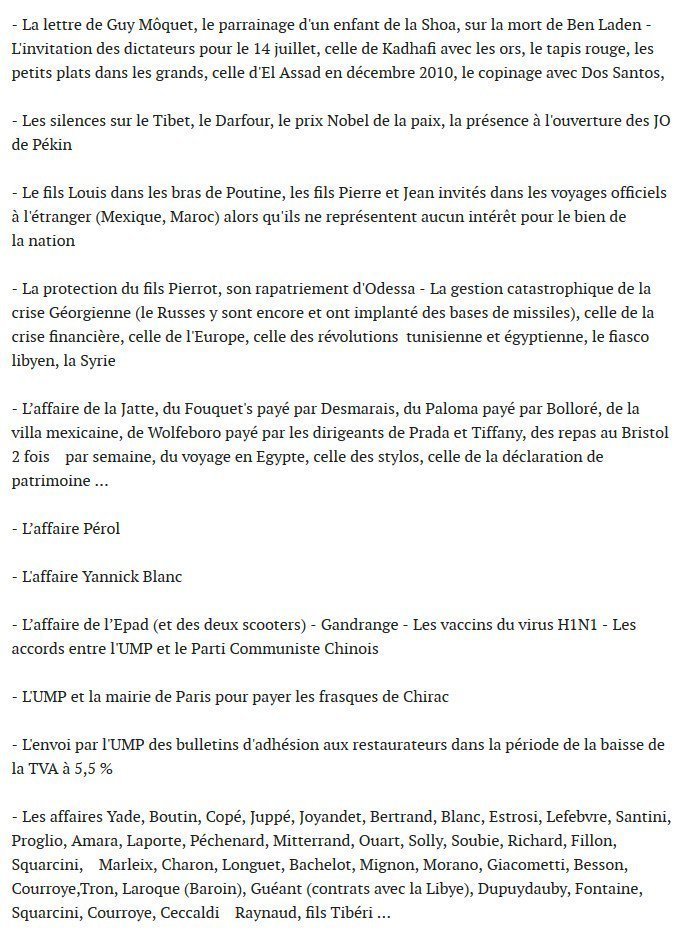 lapin47's tweet photo. Liste INCOMPLÈTE des #Affaires pas toutes judiciaires de Nicolas #Sarkozy avec ses amis de l'#UMP & co.
#Woerth #Bettencourt #Kadhafi #Bismuth #Libye #Herzog #Azibert #Clearstream #Servier #Gandrange #H1N1 #Pérol #Takieddine #Compiègne #Karachi #Wildenstein #escrocs #corruption https://t.co/vCIS49dcKP