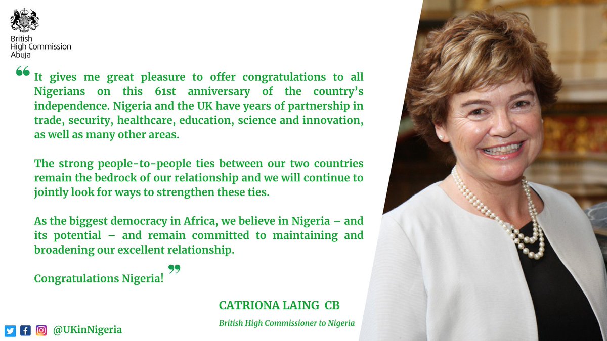 UKinNigeria's tweet photo. 🇳🇬 Happy 61st Independence Day Nigeria! 🇳🇬

As good friends and the biggest democracy in Africa, we believe in Nigeria and its potential. We remain committed to maintaining and broadening our excellent relationship 🇬🇧🇳🇬

#NigeriaAt61 #October1st https://t.co/dv7ysEdgRH