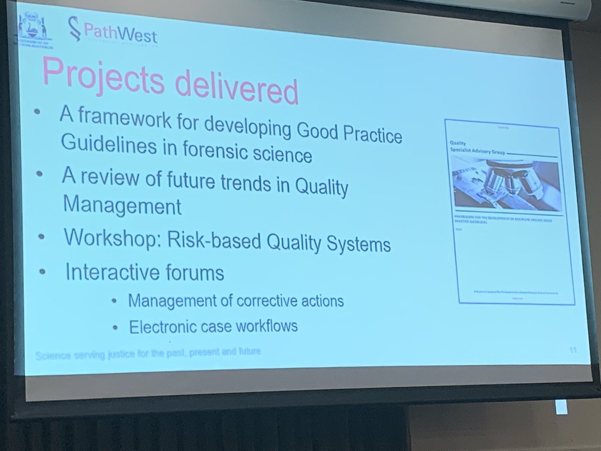 ANZFSS_WA's tweet photo. #CriminalJustice depends on the #quality of forensic protocols. @AnnaLHeavey of #PathWest discusses the work of the Quality Specialist Advisory Group for Aus & NZ in developing best practice guidelines and other initiatives to ensure quality across forensic disciplines https://t.co/laSJ9lnOfZ