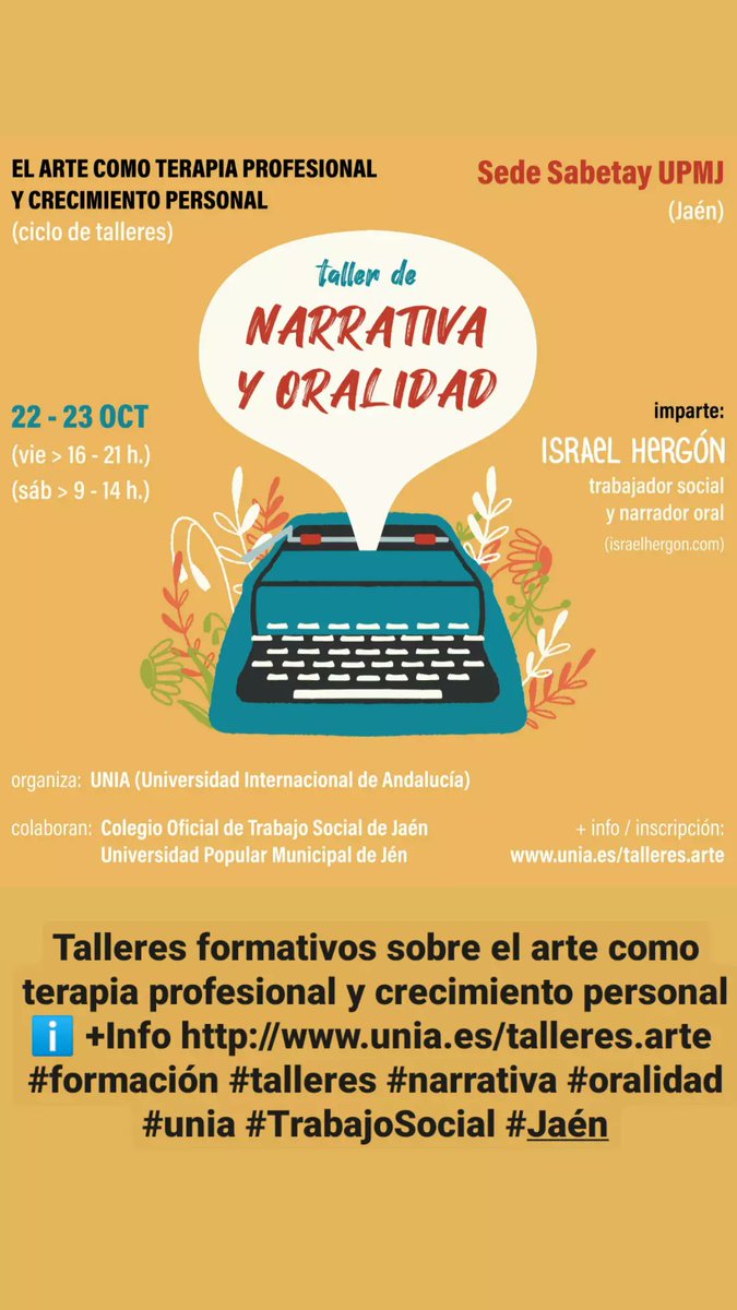 Talleres formativos sobre el arte como terapia profesional y crecimiento personal
ℹ️ +Info unia.es/talleres.arte 
#formación #talleres #narrativa #oralidad #unia #TrabajoSocial #Jaén