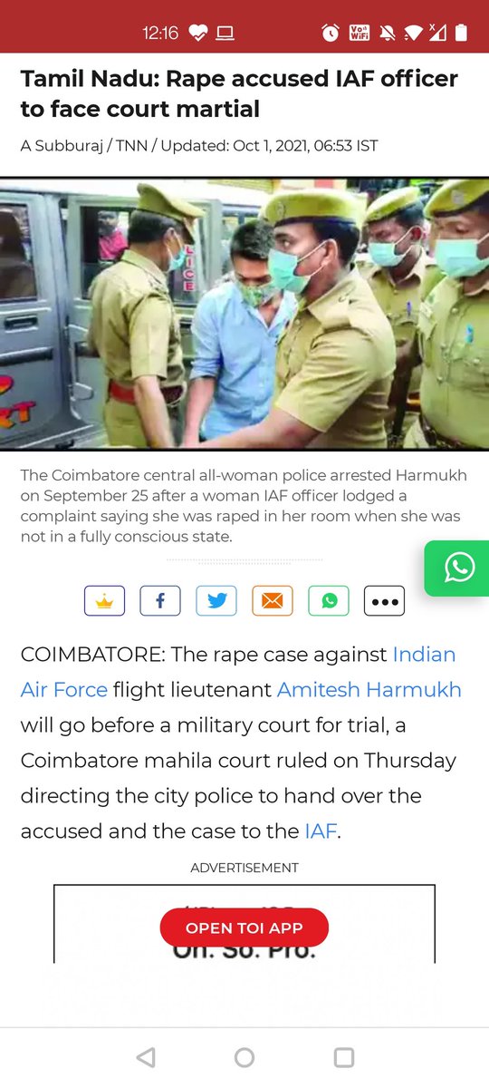 On a meagre statement of a woman #lieutenant gets arrested by the police and is now getting #courtmartial 
Please Note this woman was in Sleep, she realised after waking up that she was #rapedits and not during the act and also IAF didn't find any medical proof of her being raped