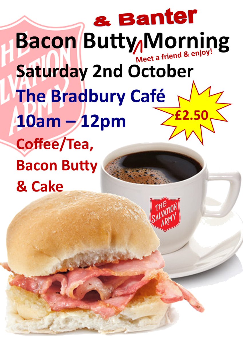 ChathamSA's tweet photo. Come and join us tomorrow for our monthly Bacon Butty (& Banter) morning at @ChathamSA . It's going to be in The Bradbury Cafe from 10am to 12pm. See you there!
#ChathamSA #TheSalvationArmy #baconbutty #banter
@salvationarmyuk @SASouthEastDiv https://t.co/pguWOPXeHE