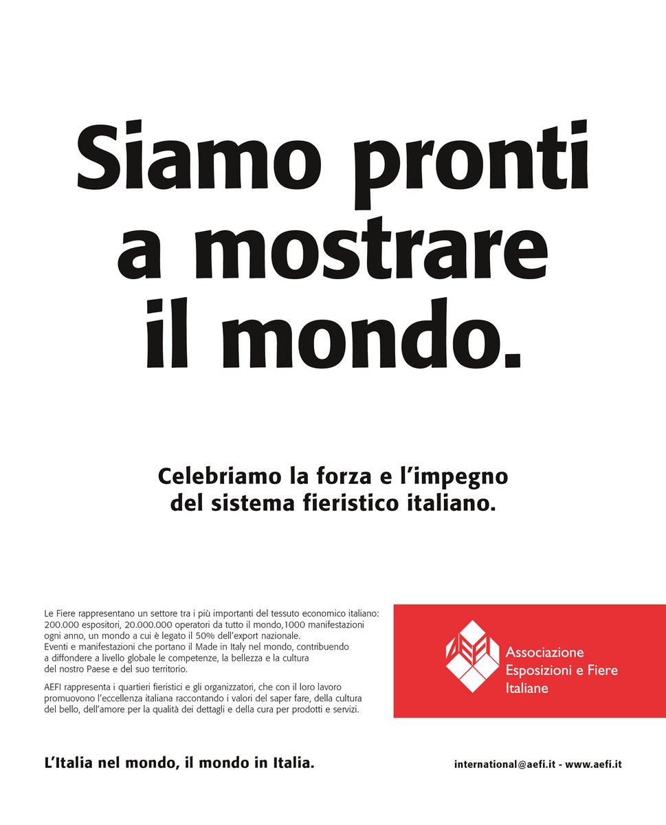 IEGexpo's tweet photo. “Siamo pronti a mostrare il mondo.” 

Il settore fieristico italiano inteso come vetrina sul mondo, dove la forza del #madeinitaly si traduce in forza economica. 

nuovo Leitmotiv per sostenere un comparto importante per la ripresa del Paese.

@infoaefi https://t.co/bDZjt2Lkul