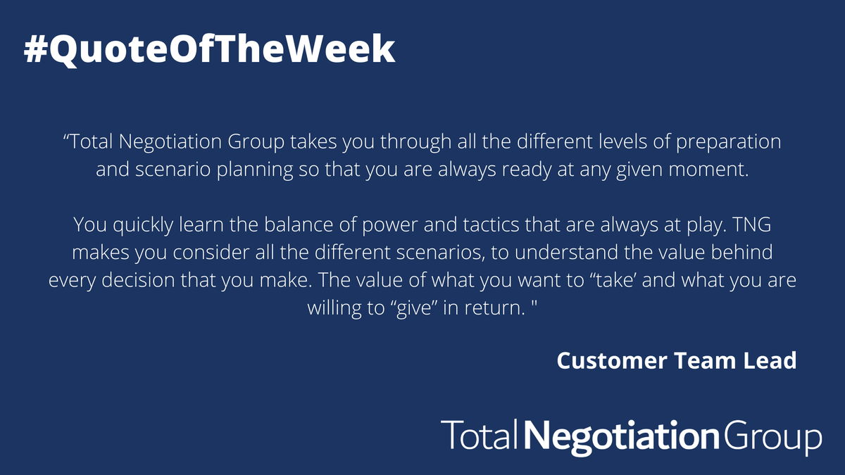 Tot_Negotiation's tweet photo. We love hearing feedback from our clients and hearing their key learnings from our workshops. 
If you’re interested to find out how we can support you, please email us at info@totalnegotiation.com!
#TotalNegotiation #NegotiationSupport #VirtuallyBrilliant #SupplierPartner https://t.co/Bu50eG0IoJ
