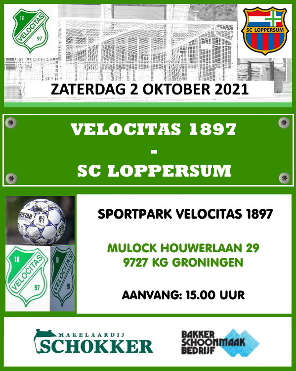 Wedstrijdposter Velocitas 1897 - SC Loppersum (competitie).
<a href="/oogsport/">OOG Sport</a> <a href="/sportinstad/">Sport in Stad</a> <a href="/TweeNul/">TweeNul</a> <a href="/Sport050/">Sport050</a> <a href="/convenantfcg/">AmateurconvenantFCG</a> @Amateur_Noord <a href="/sport_noord/">Sport Noord</a> <a href="/Derde_helft/">Dick Heuvelman</a> @VoetbalGroning1 <a href="/coachMekel/">Anjo</a> <a href="/SCLoppersum/">SC Loppersum</a>