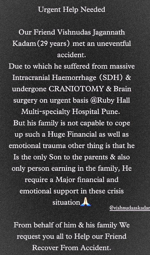 akshayunawane21's tweet photo. #HelpVishnu
@iamShantanu_D @ShivSenaVMK @savelifeindia @CMOMaharashtra @AjitPawarSpeaks @rajeshtope11 https://t.co/UCqdiS2Fxt