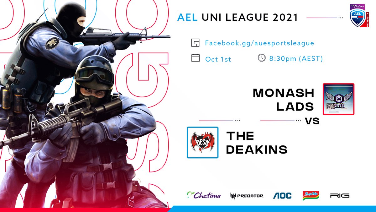 UPPER BRACKET FINALS TONIGHT for CS:GO in Season 2 of the 2021 #AELUni Cup presented by <a href="/ChatimeAU/">Chatime Australia</a>! 

Featuring <a href="/MonashEsports/">MonashEsports</a> Lads vs The Deakins from <a href="/deakin_esports/">Deakin eSports Association</a>!

🎙️ Join <a href="/Emperor_zK/">Emperor_zK</a> &amp; <a href="/HazDaddySlim/">HazDaddySlim</a>
⏰ Starts 8:30pm AEST, 1st Oct
📺fb.gg/auesportsleague

#esports #csgo