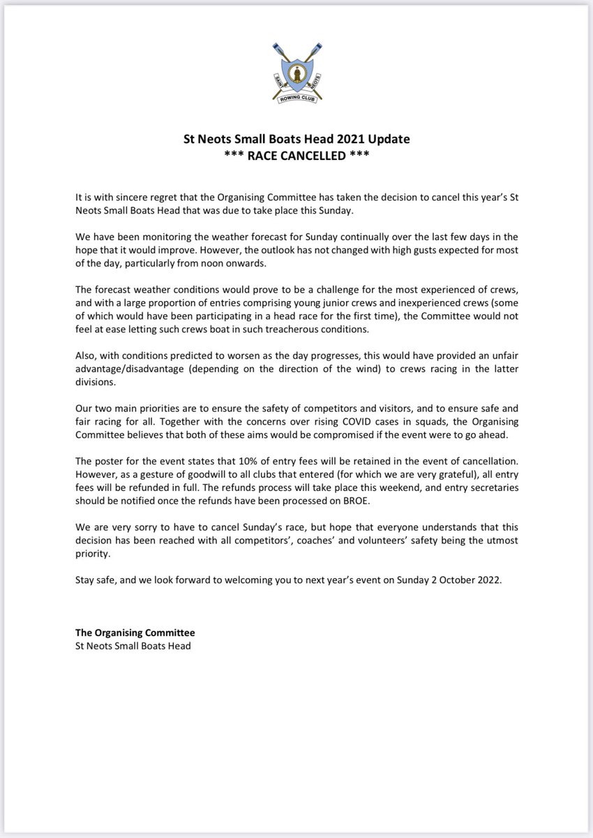 📣 St Neots Small Boats Head 2021 Announcement

It is with sincere regret that the Organising Committee has taken the decision to cancel this year’s St Neots Small Boats Head that was due to take place this Sunday.

Full statement below.👇