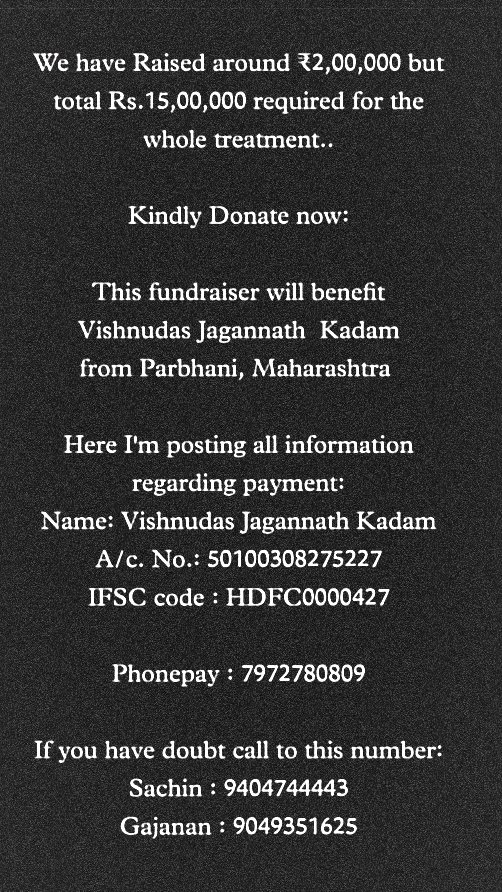 akshayunawane21's tweet photo. #HelpVishnu
@iamShantanu_D @ShivSenaVMK @savelifeindia @CMOMaharashtra @AjitPawarSpeaks @rajeshtope11 https://t.co/UCqdiS2Fxt