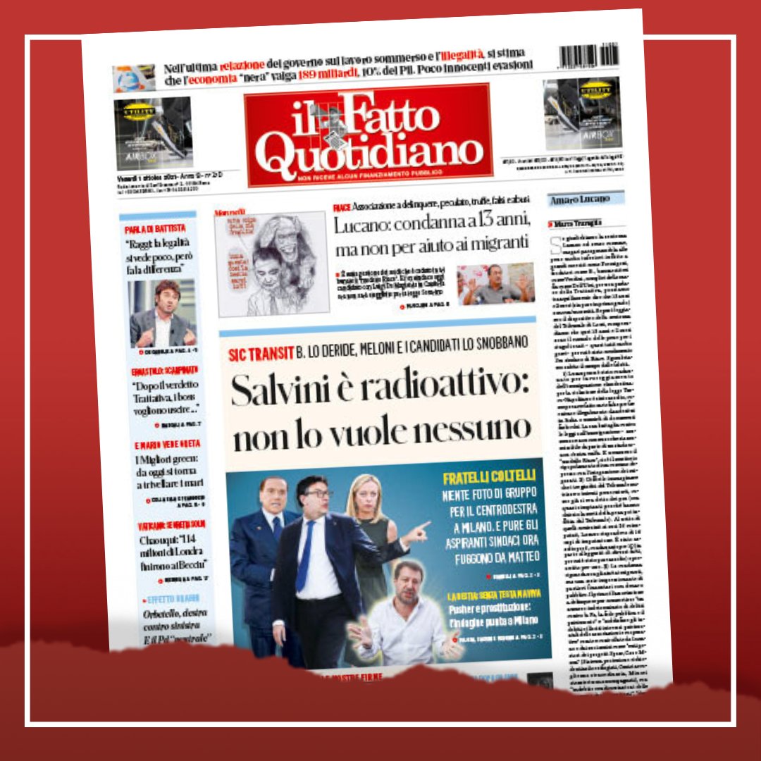 fattoquotidiano's tweet photo. LA PRIMA PAGINA DI OGGI | Salvini è radioattivo: non lo vuole nessuno [Continua su https://t.co/y0Xs11gTb8] #FattoQuotidiano #edicola #1ottobre #primapagina https://t.co/SyiTdorpyT