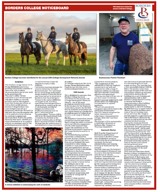 BordersCollege's tweet photo. Make sure you get a copy of the @peeblesnews today and find out what's happening at Borders College.
#InTheNews
#ProBorders
#CDNAwards
#OnlineArtExhibition
#BoatBuilding https://t.co/jdtE0e0LwQ