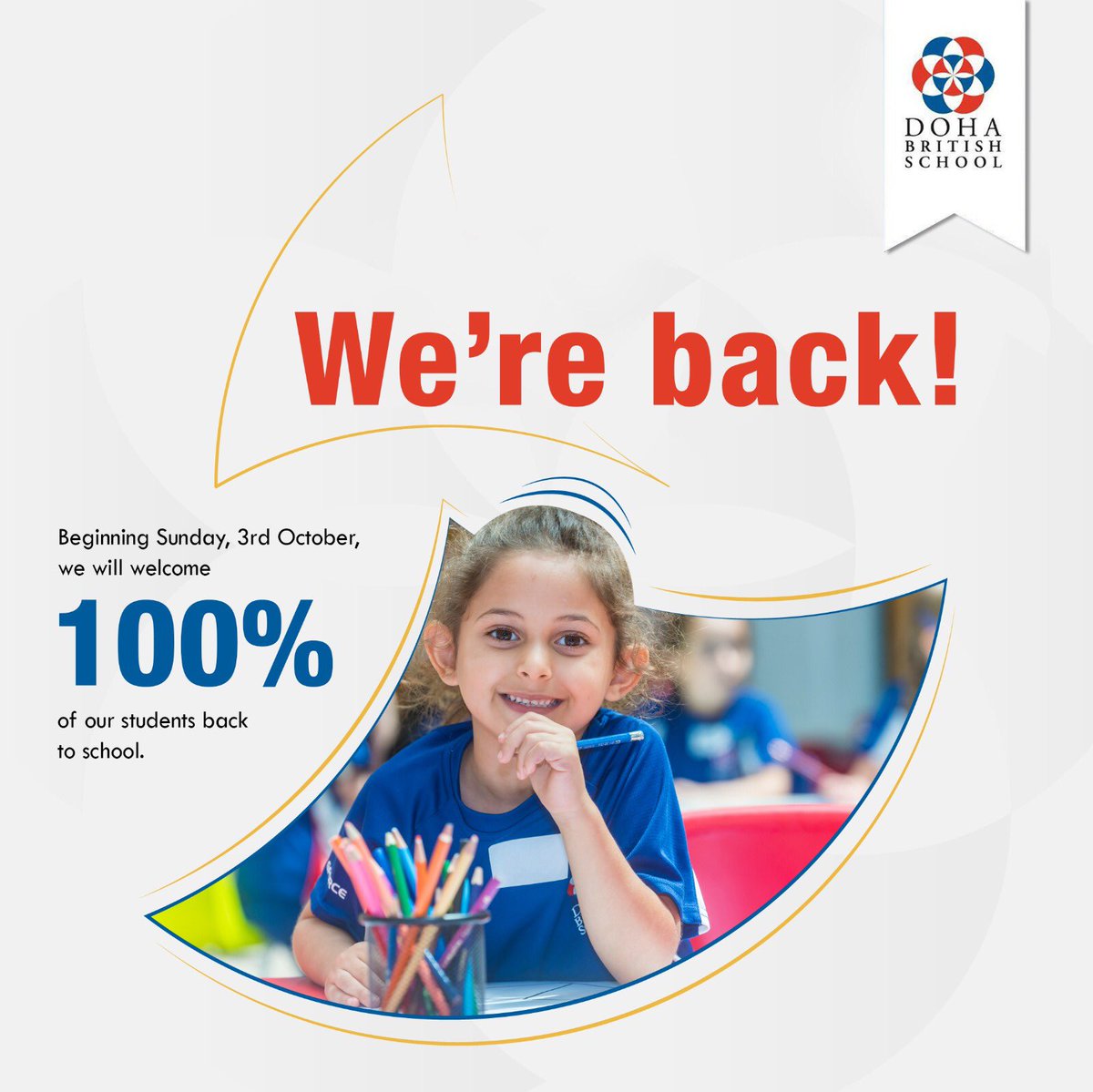 DBSWakra's tweet image. We’re excited to see you all. We are 100% ready! Beginning Sunday, 3rd October, we will welcome 100% of our students back to school.
.
#DohaBritishSchool #DBSwakra #BritishSchoolDoha #britishschoolqatar #qatarschools #schoolsinqatar