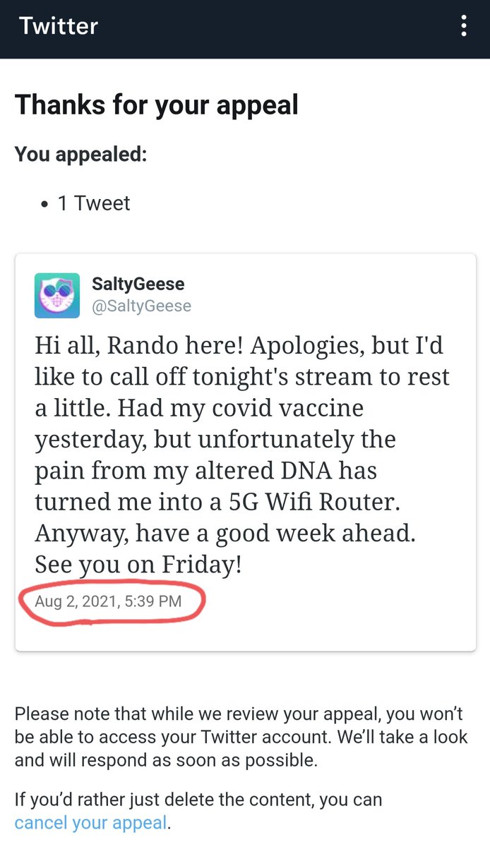 Sent a help ticket to @TwitterSupport 2 weeks ago for help and clarification on our appeal for our @SaltyGeese channel. Got this today. 