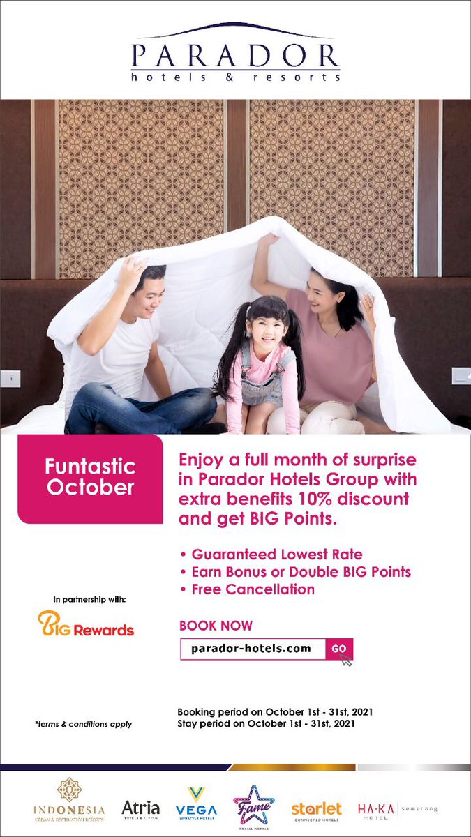 Parador Hotels &amp; Resorts is inviting you to have a funtastic October in #AtriaHotelGadingSerpong with extra benefits 10% discount and get BIG Points

BOOK NOW❗
bit.ly/FuntasticOctob…

#AtriaResidencesGadingSerpong