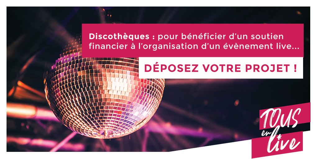 La Sacem accompagne la reprise des discothèques avec #TousEnLive ! 🎶🎤💃

Vous souhaitez bénéficier d'un soutien financier pour organiser des événements avec des artistes, auteurs, compositeurs, interprètes, DJ-remixeurs… ?

Déposez votre dossier : bit.ly/3mibdMs