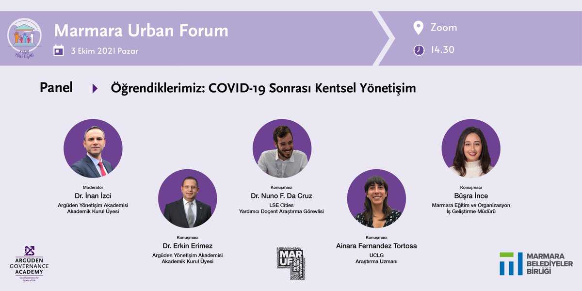 #MARUF21'in üçüncü gününde "COVID-19 Sonrası Kentsel Yönetişim" konusunda öğrendiklerimizi konuşacağız.

Kayıt için; online.marmaraurbanforum.org/Registration/I…

<a href="/MarmaraUrban/">MARUF</a> <a href="/marmarabb/">Marmara Belediyeler Birliği</a> @inanizci <a href="/ErimezErkin/">Dr. Erkin Erimez</a> <a href="/NFdaCruz/">Nuno F. da Cruz</a> <a href="/LSECities/">LSE Cities</a> <a href="/AinaraTortosa/">Ainara Fernández Tortosa</a>