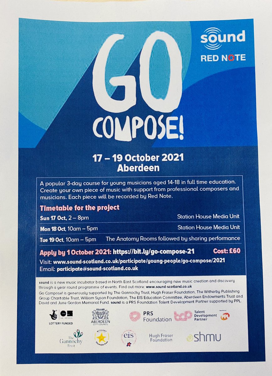 AboyneAcadStars's tweet image. Please see below for an exciting opportunity for budding COMPOSERS and young MUSICIANS during the October holidays! The deadline to apply is TODAY so don’t miss out! #gocompose #soundscotland #newmusic #youngcomposers #rednote