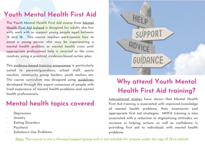 📢 We are running a Youth Mental Health First Aid Course with Mental Health Ireland this Saturday October 2nd and Saturday October 9th and have a number of places available.

 📋If you are interested,please complete the Registration Form (deadline-2pm)

🔗 forms.office.com/r/juwSgyaP7M