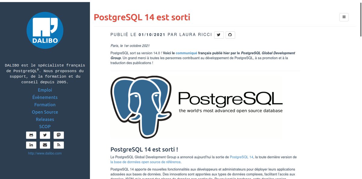 dalibo's tweet image. #PostgreSQL14 vient de sortir ! Un grand bravo à la communauté pour son travail continu et qualitatif en développement, promotion, traduction, etc. Une richesse. #PostgreSQL #opensource #SGBD => dali.bo/202109_release…