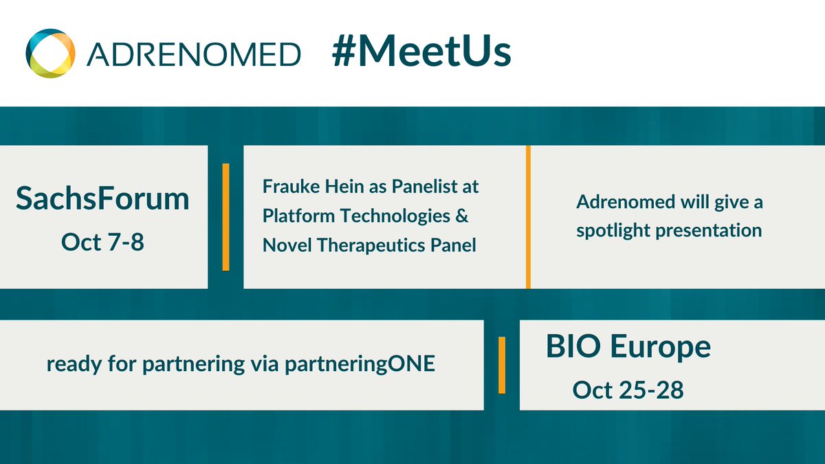 adrenomed's tweet photo. New month, new #conferences

Adrenomed will attend the 21st #SachsConference hosted by @SachsAssociates
Listen to Frauke Hein CBO, at Adrenomed’s spotlight talk and panel discussion.

#BIOEurope is approaching rapidly – #meetus via #partneringONE #Sachs_BEF #paneldiscussion https://t.co/3wV0jiMWDZ