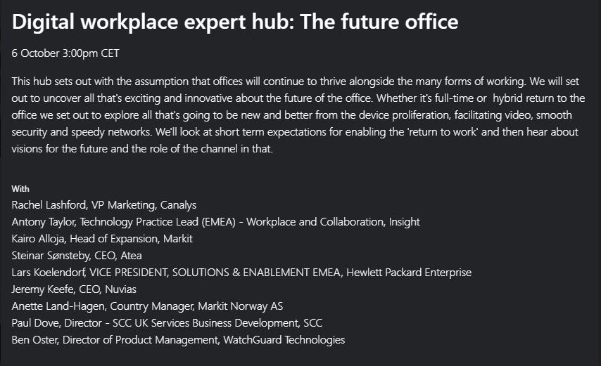 KarlJRoe's tweet image. RT @CanalysForums: Join @RachelLashford for #CanalysForums21 Digital workplace expert hub ‘The future office’ along with these speakers. Want to be part of the discussion? Register now and book your seat! lnkd.in/dm5abRsu