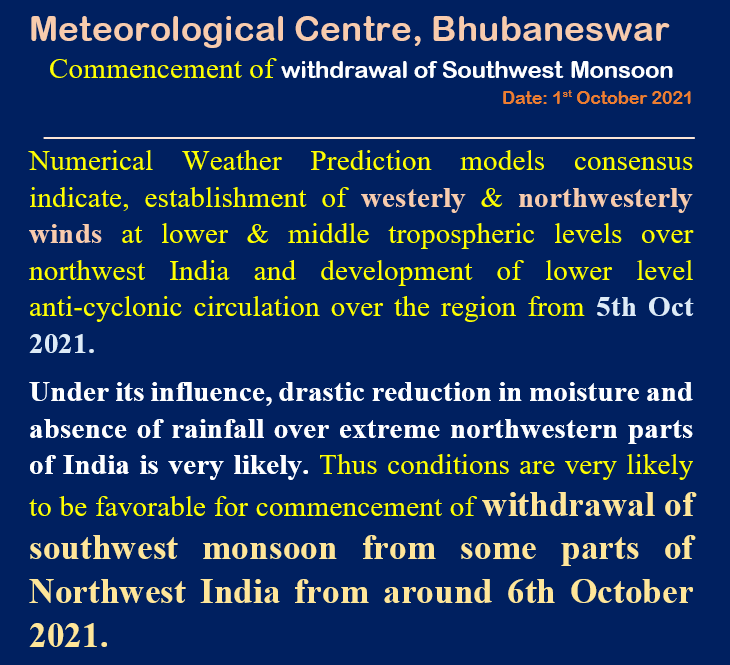 mcbbsr's tweet photo. Due to f Wly &amp; NWly winds, there will be drastic #reduction in #moisture &amp; absence of rainfall over extreme NW parts of India, conditions are very likely to  #favorable for commencement of #withdrawal of #Southwest #monsoon from some parts of #Northwest-#India around #6thOct 2021 https://t.co/4LRSTJ8jbV