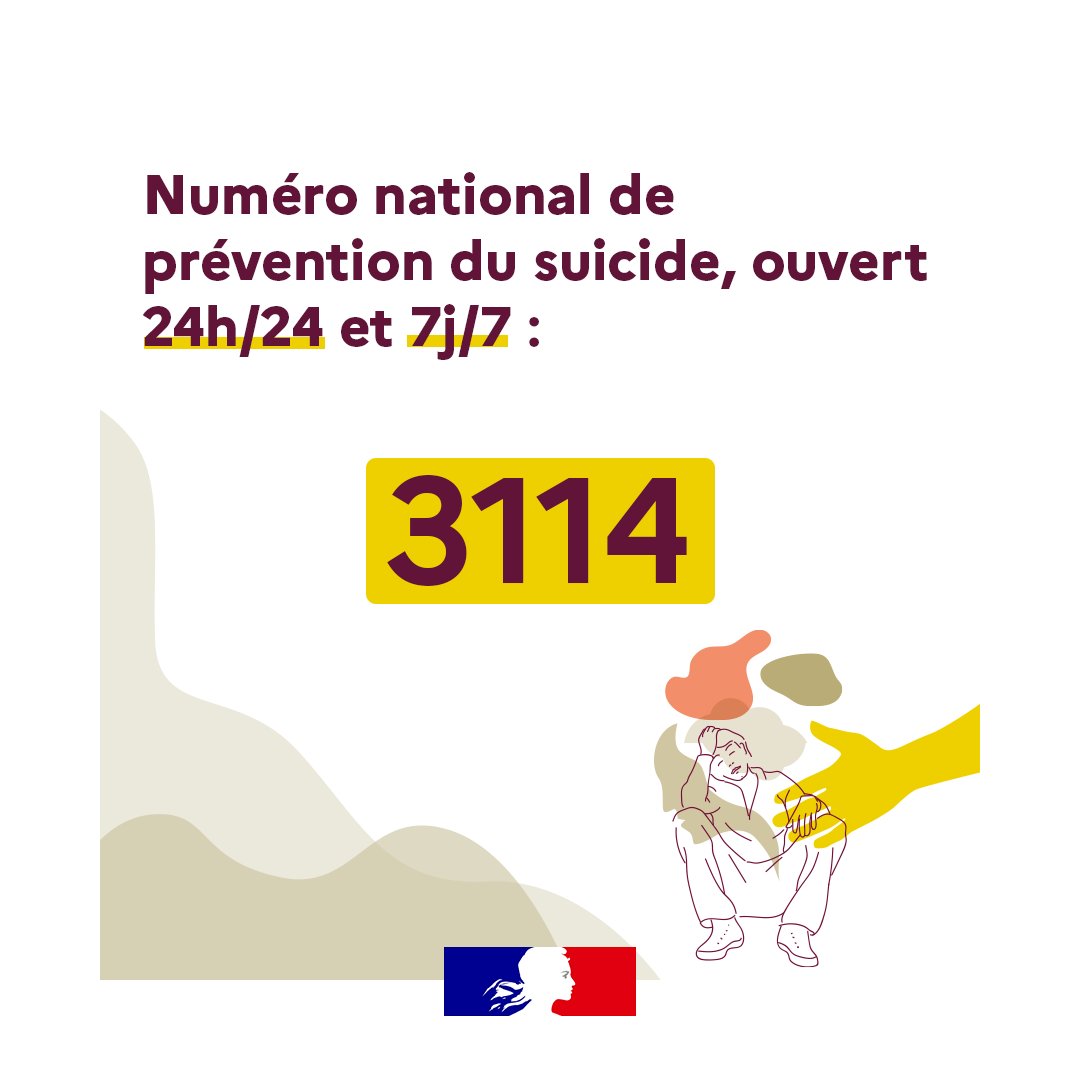 Sante_Gouv's tweet photo. #PréventionSuicide | Le numéro national de prévention du suicide est actif à partir d’aujourd’hui. Il est ouvert : 
✅ 24h/24
✅ 7j/7
Vous avez besoin d'aide ? En parler, c'est déjà se soigner 👉 Composez le 3114. https://t.co/c2E7WAFy7v