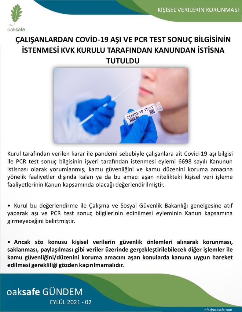 oaksafeofficial's tweet photo. oaksafe Gündem-Ekim 2021
Çalışanlardan Covid-19 aşı ve PCR test sonuç bilgisinin istenmesi KVK kurulu tarafından kanundan istisna tutuldu #kvkk #kişiselverilerinkorunması #çalışanhakkı #kovid19 #pcrtesti #işveren #hukuk #eğitim #danışmanlık #oaksafe #oaksafegündem https://t.co/YvtW0pDdRy