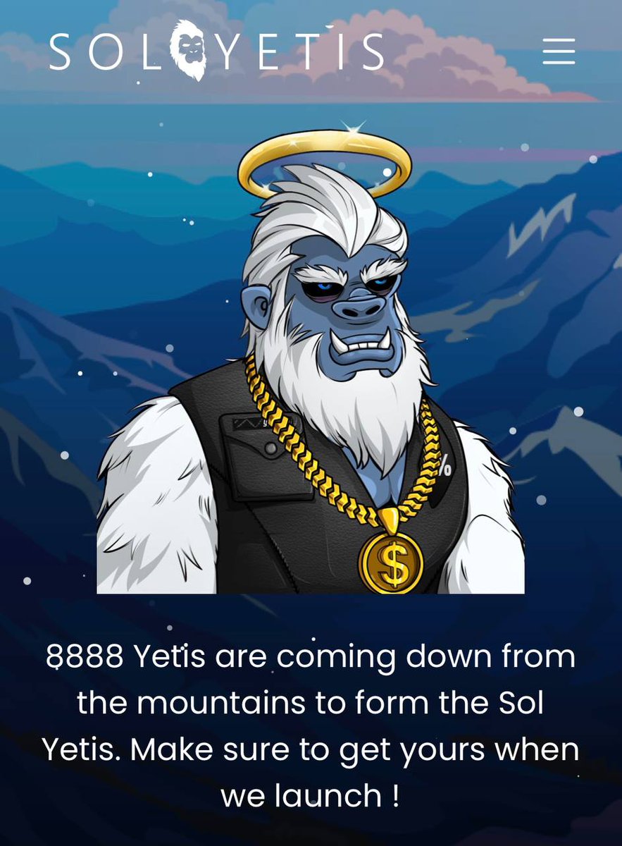 SolYetis's tweet photo. Gm Yeti Gang! Website is LIVE! https://t.co/wrgI8UbyQL
Go check it out and learn more about the project! 👣

We will also giving away 1 FREE Yeti to a random person that comments on this post with feedback! 👀 https://t.co/tTSzjA3BKa