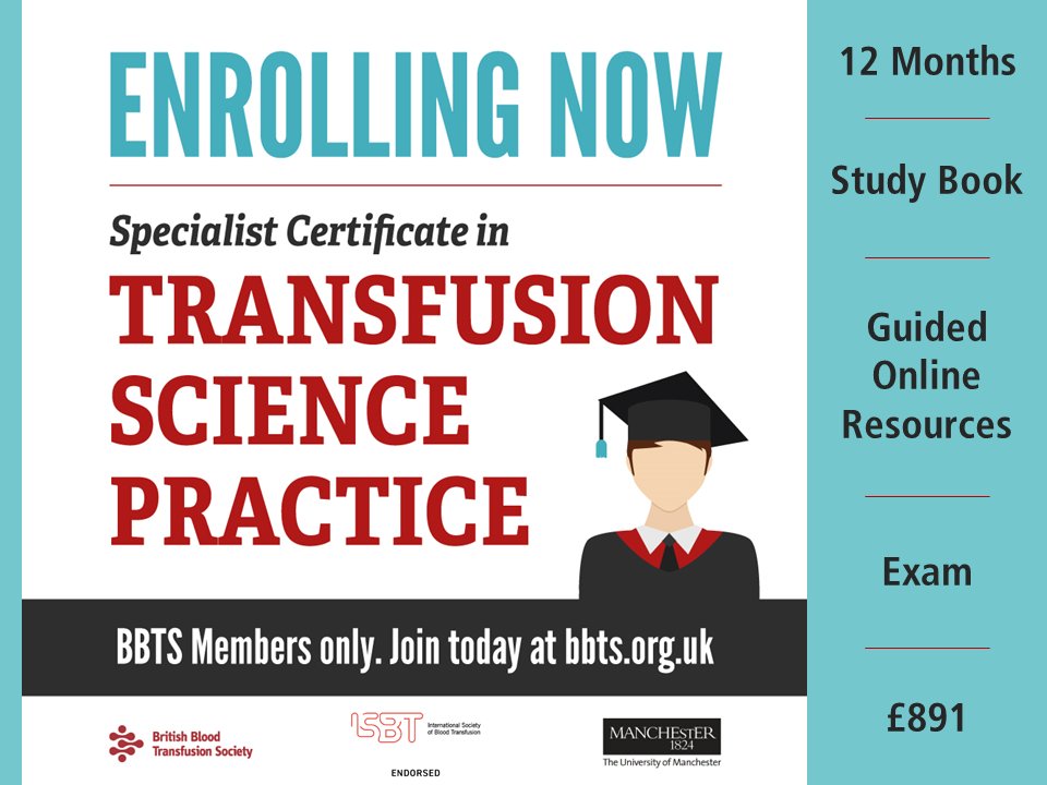 BritishBloodTS's tweet photo. Now accepting applications for places on highly sought-after Spec Cert in Transfusion Science Practice programme. Accredited by The University of Manchester. Endorsed by ISBT.
Full info: https://t.co/OklXvJKyAQ
#transfusionpractitioner #biomedicalscience #blooducation https://t.co/gd0mUxjsba