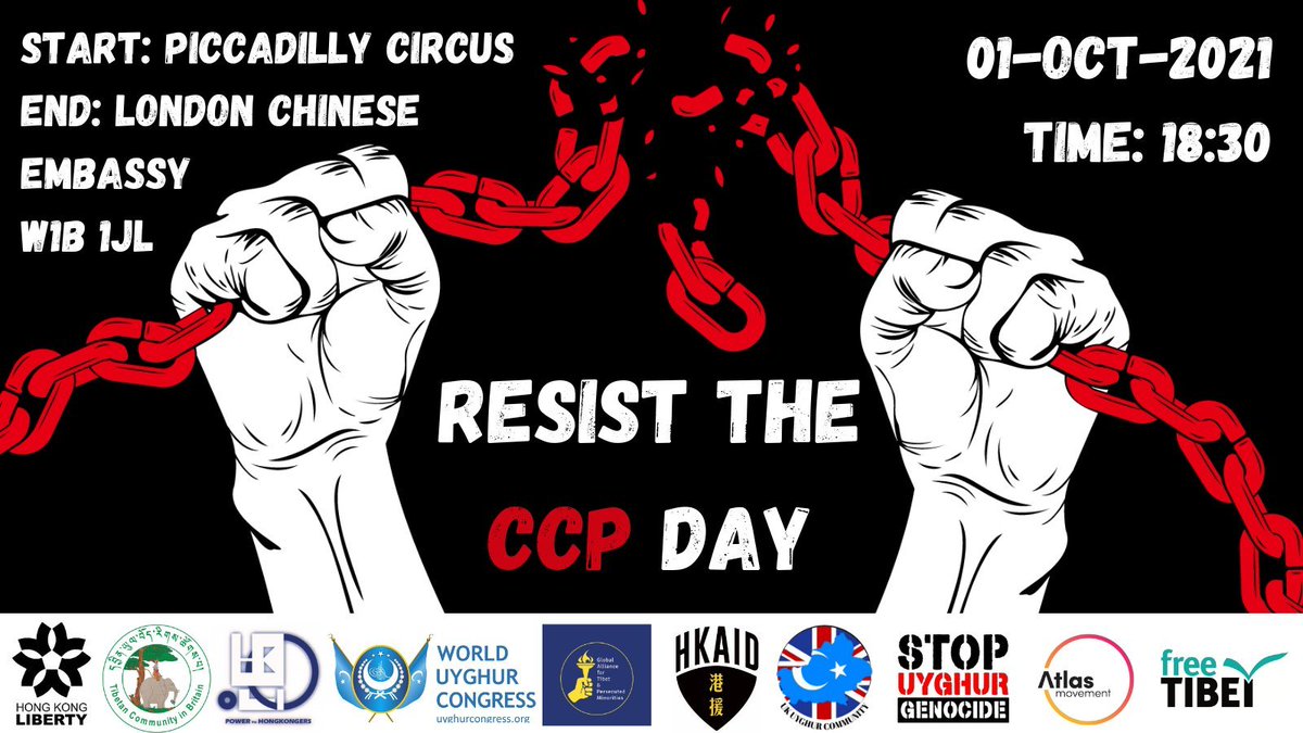 This #FridaysForFreedom let's unite &amp; make it clear

❌We don't celebrate the #ChinaNationalDay
✊We unite with #freedom fighters 
📢WE RESIST the #CCP 
📣#StandWithHongKong
📣#StandWithTibet
📣#StandWithUyghurs 

👉Join us at 6.30pm📍Piccadilly Circus if you are in London!