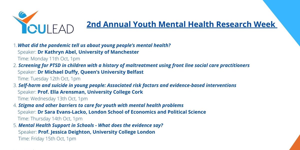 Our 2nd Annual Youth Mental Health Research Week is fast approaching! Join us for a wonderful lineup of speakers each lunchtime Oct 11th- Oct 15th. Register for FREE bit.ly/3zYoEpP. Pls share with colleagues, family, friends & young people who might be interested