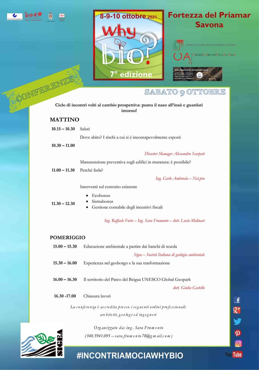 CCIAARIVLIG's tweet photo. Sabato 9 ottobre un fitto programma a Why bio
#whybio #saluteebenessere #9ottobre
Savona
@ParcoBeigua @ArchitettiSV
@RegLiguria @TurismoLiguria
#sigea #ecobonus https://t.co/2MzjufigcY