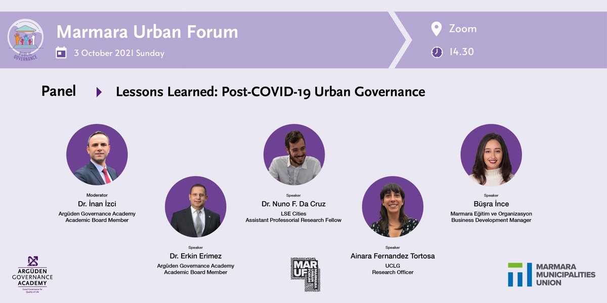 On the 3rd day of #MARUF21, we will moderate and contribute to "Lessons Learned: #PostCOVID19 Urban #Governance".

🔗; online.marmaraurbanforum.org/Registration/I…

<a href="/MarmaraUrban/">MARUF</a> <a href="/marmarabb/">Marmara Belediyeler Birliği</a> <a href="/ErimezErkin/">Dr. Erkin Erimez</a> @inanizci <a href="/NFdaCruz/">Nuno F. da Cruz</a> <a href="/LSECities/">LSE Cities</a> <a href="/AinaraTortosa/">Ainara Fernández Tortosa</a>