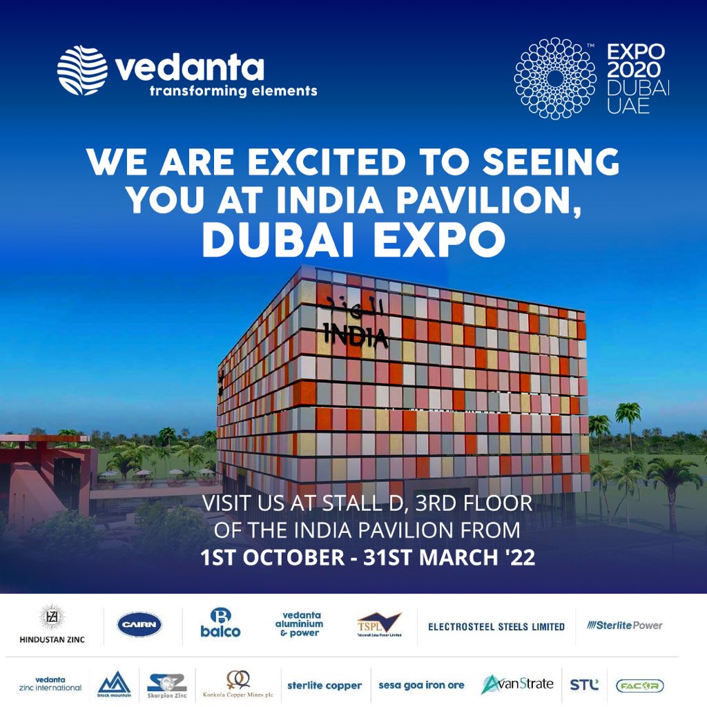 vedantadxbexpo's tweet photo. The wait is almost over! The much awaited event is here. We, at Vedanta, are looking forward to the inaugural of Expo 2020 Dubai. Do visit us!
@VedantaLimited
#VedantaAtDubaiExpo #TransformingElements #DeshZarooratoKeLiye #IndiaAt75 #expo2020dubai https://t.co/a23pnSgujx