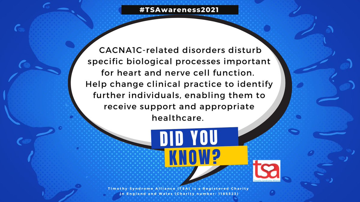 tsa_charity's tweet photo. CACNA1C-related disorders disturb specific biological processes important for heart and nerve cell function. Help us find more families to enable healthcare and support. 
#CACNA1C #LongQT8 #TimothySyndrome #awareness #StrongerTogether #TSAwareness2021 #RareDisease https://t.co/AXQClWxJYj
