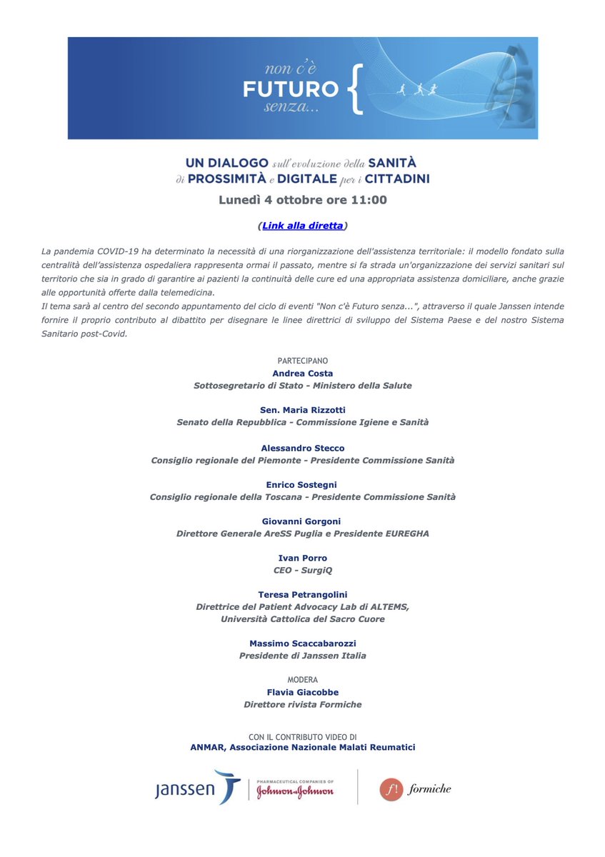 Continua il ciclo di incontri "Non c'è Futuro Senza" in collaborazione con @FBAssociati <a href="/formichenews/">Formiche</a>.

Lunedì 4 parleremo di assistenza territoriale, prossimità di cura e digitale nella #sanità del futuro

#NCFS

Segui l'incontro dalle 11 👇🏼
janssen.livedigital.events/NCFS_02/