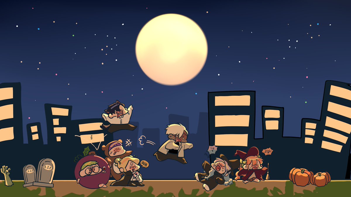 어제 새벽에 있던 마감방 사람 몇명으로 그린 할로윈버젼 배경화면~ 🦴