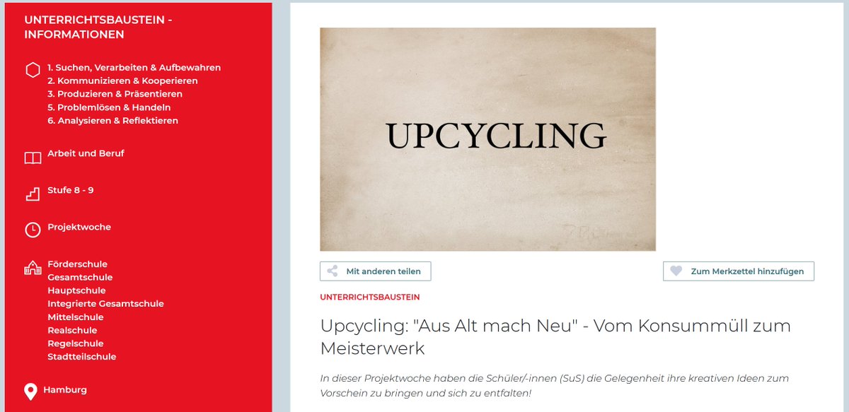 digilearninglab's tweet image. Heute möchten wir einen weiteren neuen digitalen Unterrichtsbaustein vorstellen. &quot;Upcycling: Aus Alt mach Neu - Vom Konsummüll zum Meisterwerk&quot;, entwickelt am @ItbhTuhh. SuS reflektieren ihr Textilien-Konsumverhalten in einer Projektwoche. digitallearninglab.de/unterrichtsbau…
#twlz #BNE