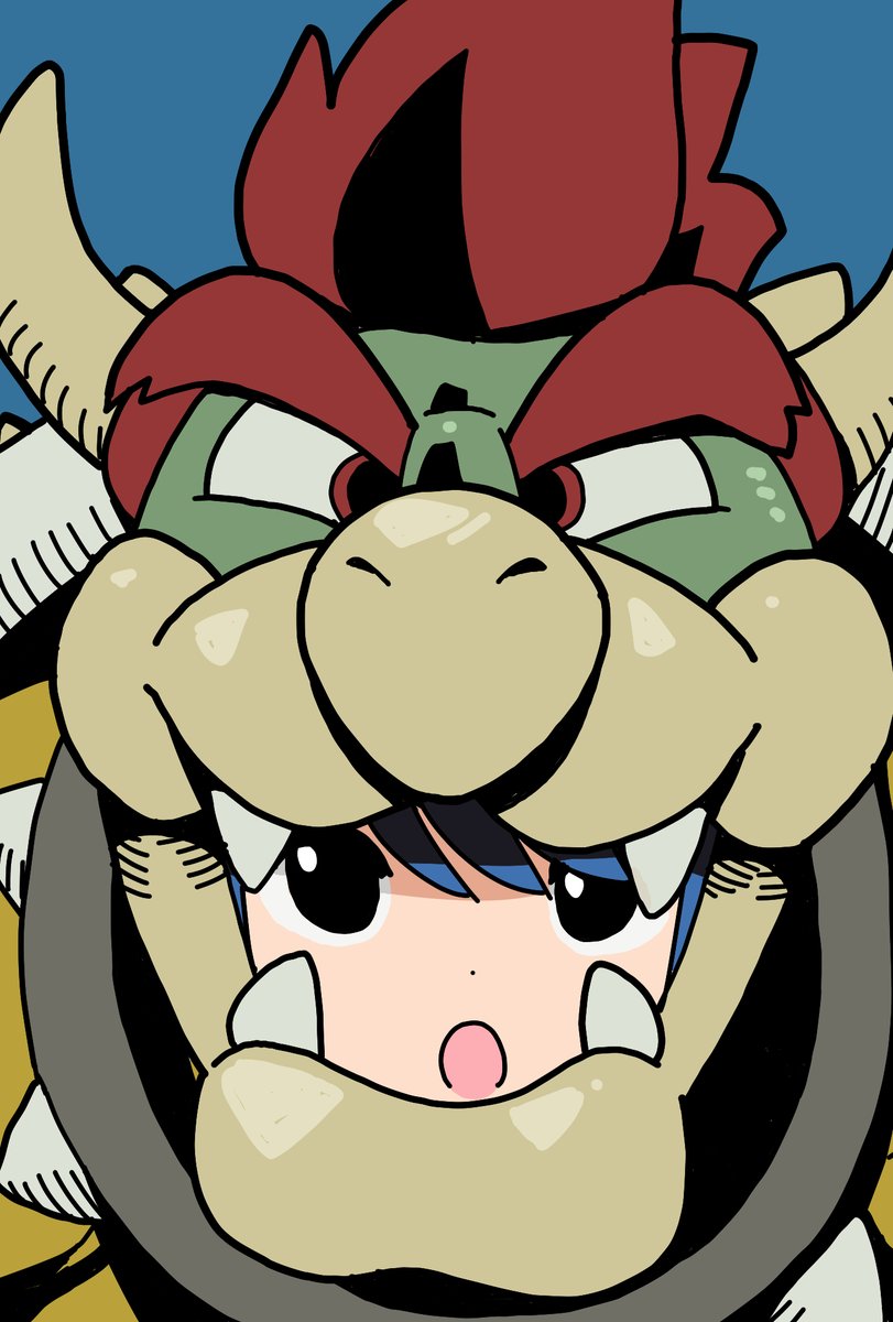 bowser 1girl blue hair blue background open mouth simple background black eyes red hair  illustration images