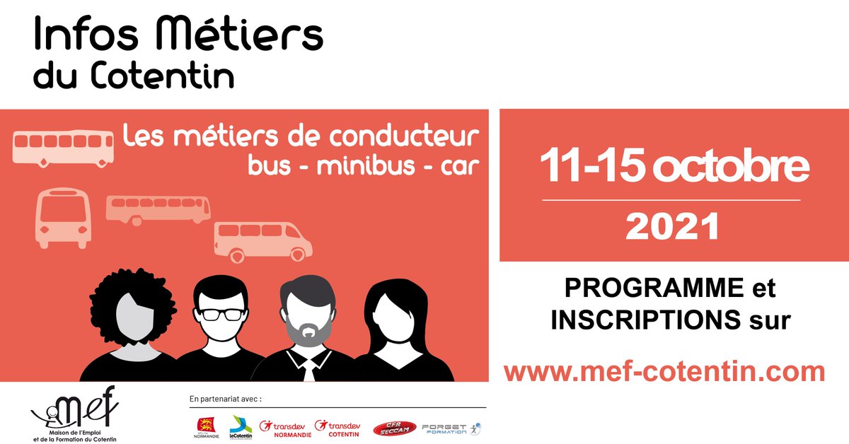 mefducotentin's tweet photo. Info Métiers : Les métiers du transport
Semaine du 11 au 15/10/21
avec #transdev @CapCotentin #seccam @abskill #forgetformation
- Inscription obligatoire sur https://t.co/VwXNBhzcXX
#cotentin #emploi #formation #mobilité #Transport https://t.co/oAN6DyXvtZ