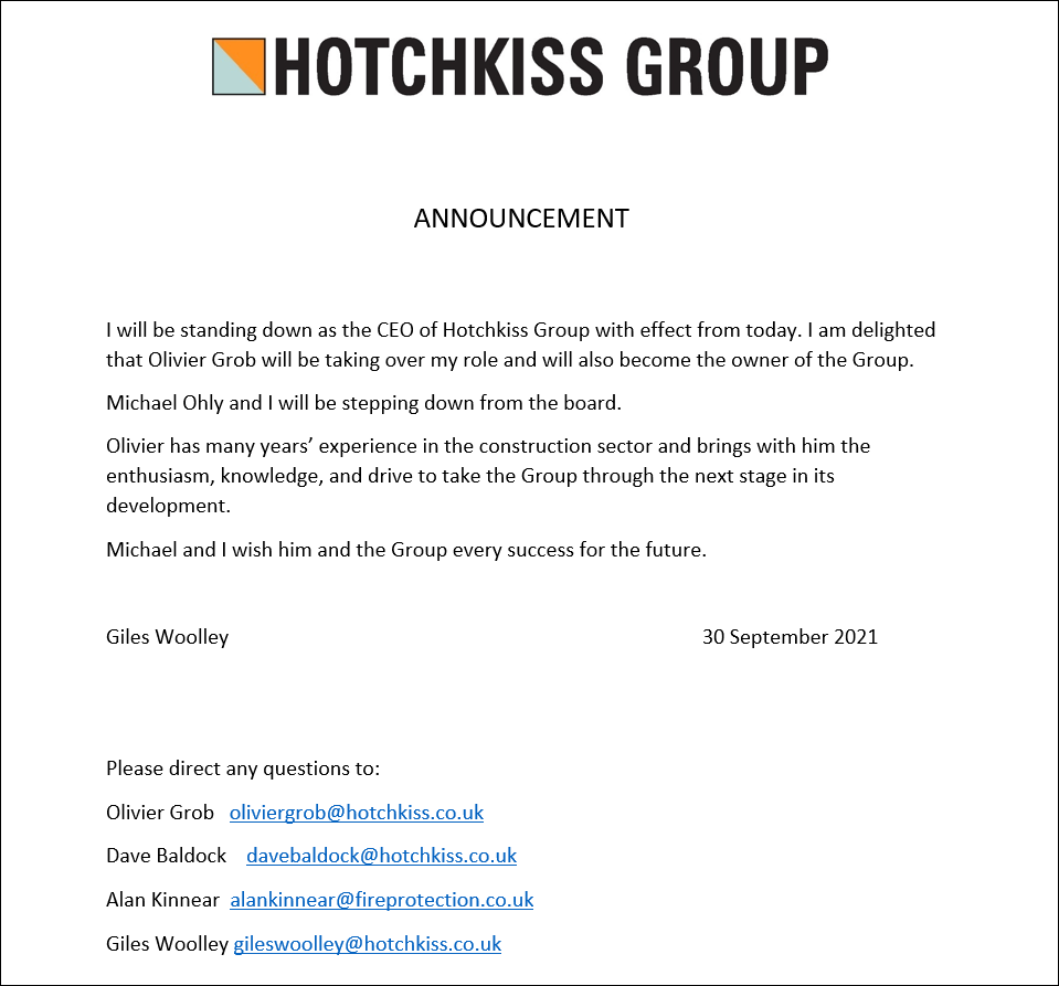 Hotchkiss Ltd is pleased to announce a change in ownership and welcome Olivier Grob as owner and Group Managing Director of the Hotchkiss Group. This is exciting and positive news and we look forward to continuing working to the highest standards on which our reputation is built.