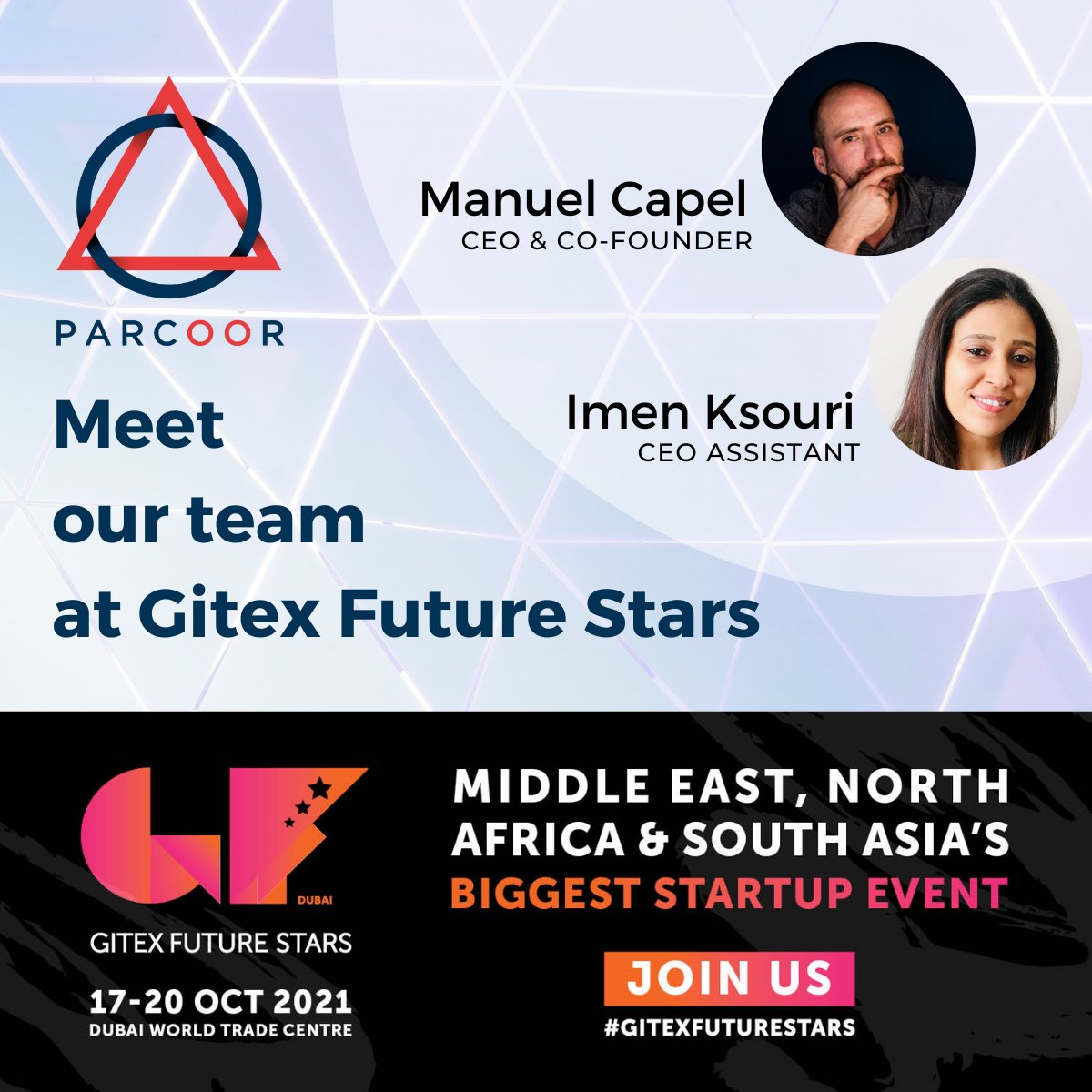 [NEWS PARCOOR]📢

Bonne nouvelle! Parcoor sera présent au salon @GITEXFS du 17 au 20 septembre au Dubaï World Trade Centre.
<a href="/ManuelCapel2/">Manuel Capel</a> et Imen KSOURI seront présents pour vous partager nos dernières innovations de #cybersécurité embarquée pour l'#IoT🛡 

#innovations #Edge #AI