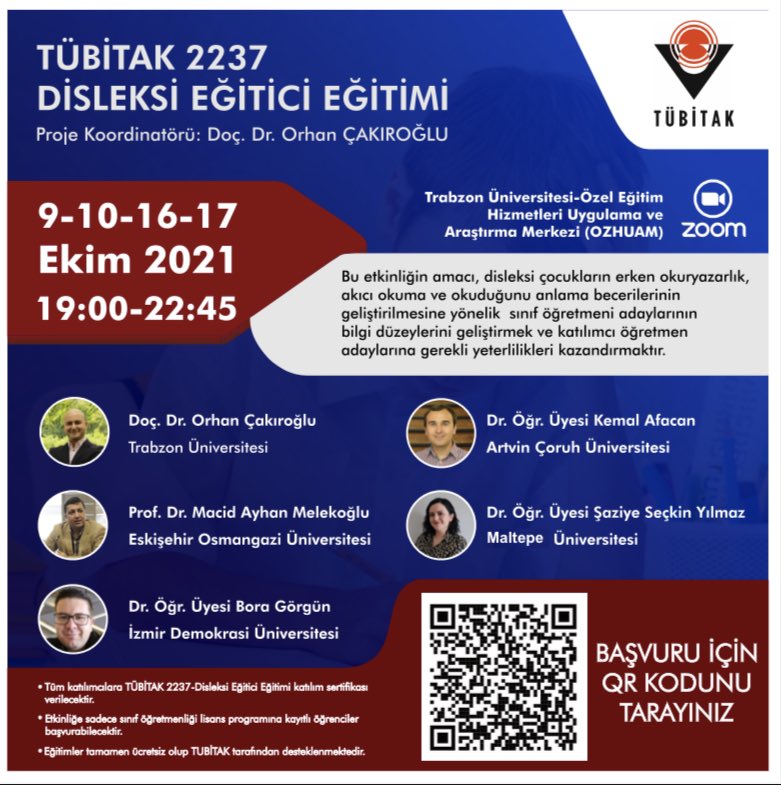 cakirogluorhan's tweet photo. Trabzon Üniversitesi Özel Eğitim Hizmetleri Uygulama ve Araştırma Merkezi
Sınıf Öğretmeni Adayları için Disleksi Eğitici Eğitimi
9-10-16-17-27 Ekim
Saat 19:00-22:45
Online (ZOOM)

Eğitimler TÜBİTAK destekli olup ÜCRETSİZDİR.

Katılımcılara katılım belgesi verilecektir. https://t.co/trcD4wI6Ly